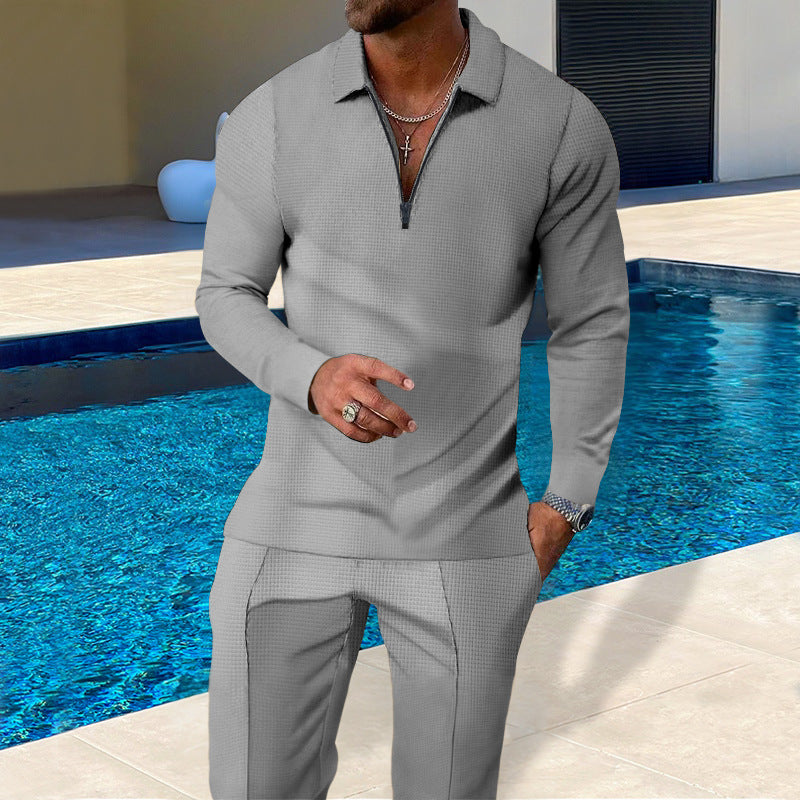 Men's Waffle-Texture Zip Lapel Top & Long Pants Suit | All-Season Casual Set