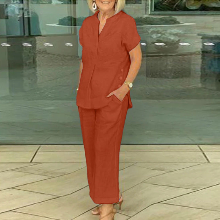 Short-Sleeve Top & Pants Casual Two-Piece Set | Cotton-Linen Everyday Style