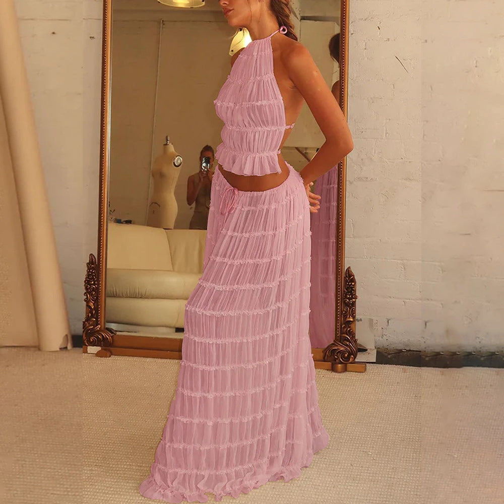 Halter Crop Top & Pleated Maxi Skirt Set | Backless Beach Two-Piece