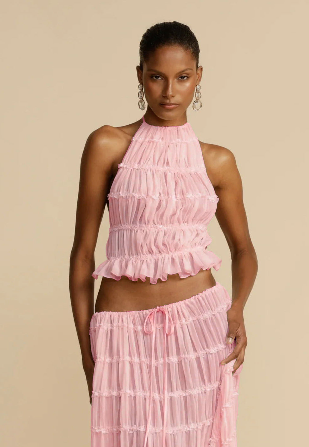 Halter Crop Top & Pleated Maxi Skirt Set | Backless Beach Two-Piece
