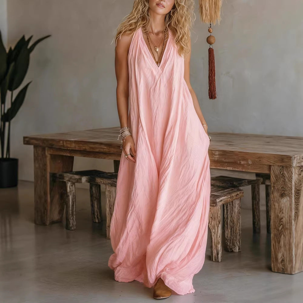 Casual Sleeveless V-neck Long Dress | Relaxed Fit with Front Pockets