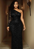 One Shoulder Lace Fishtail Ruched Slit Maxi Dress