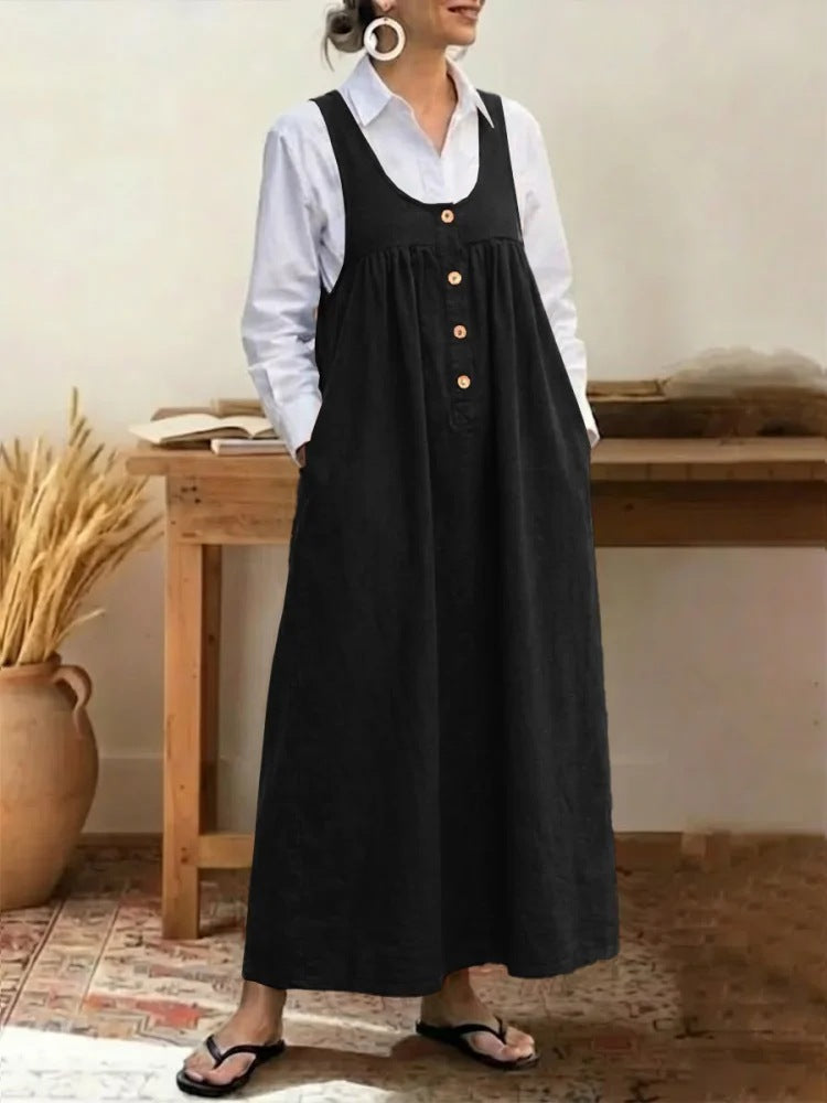 Loose Overalls Dress – Casual U-Neck Button Pocket Dress