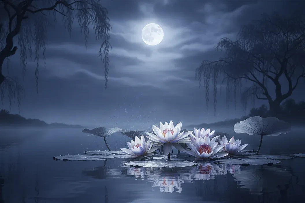 "LOTUS IN MOONLIGHT — Lotus flower in a moonlit pond, Women's Fashion & Lifestyle Boutique"